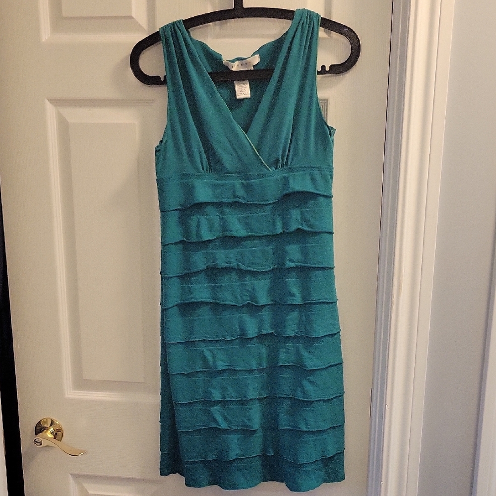 Studio M Green and Blue Tiered Ruffled Sheath Dress